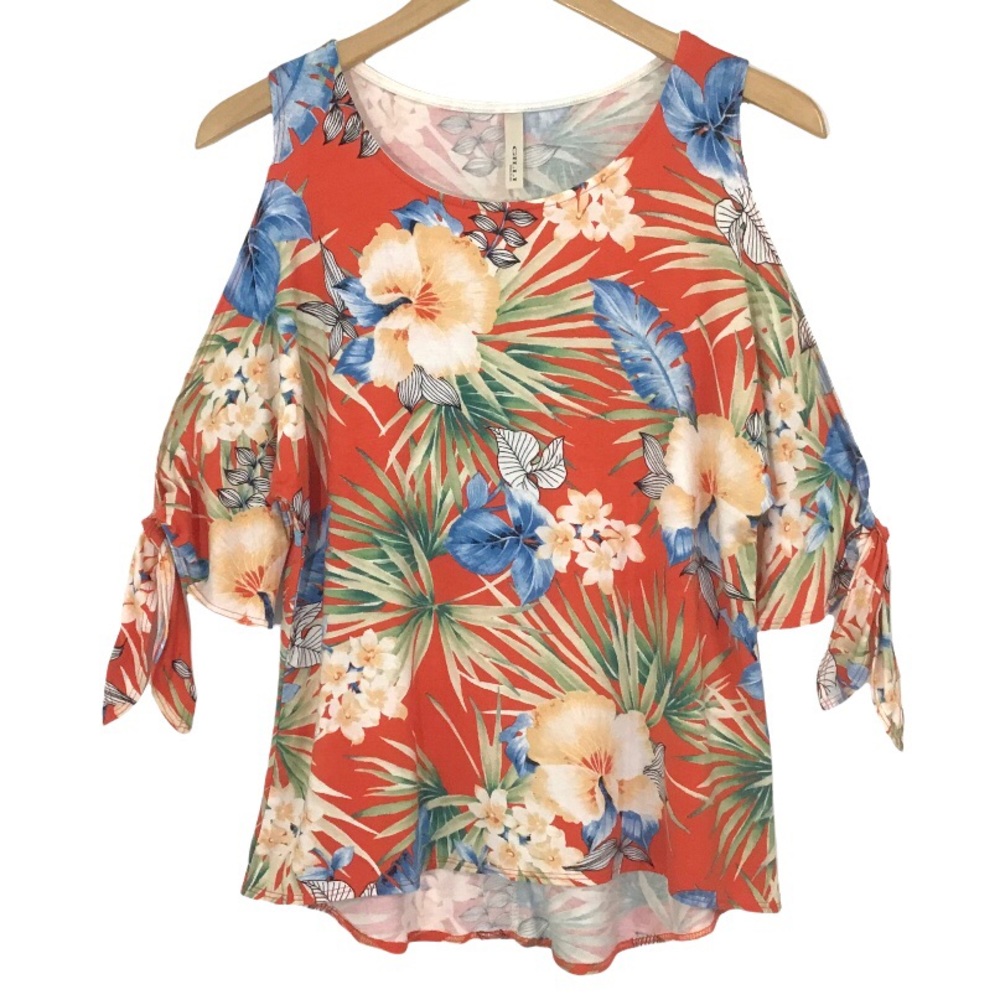 Gilli Cold Shoulder Tie Sleeves Blouse Top Size S Small Tropical Made In USA